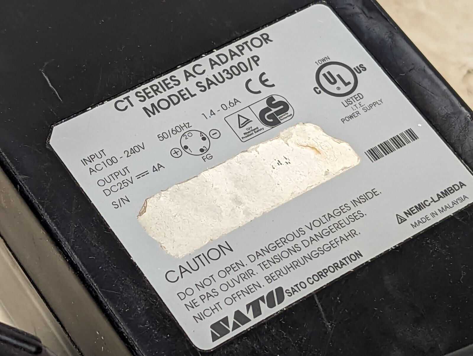 SATO SAU300/P AC power adaptor, CT series, input 100-240VAC, output 25VDC, 4A