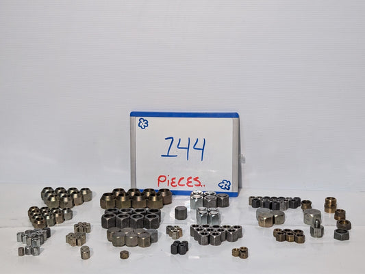 144 Assorted Adapters + Fittings, Hex Nut Lug Nut Bushing Pipe Threader