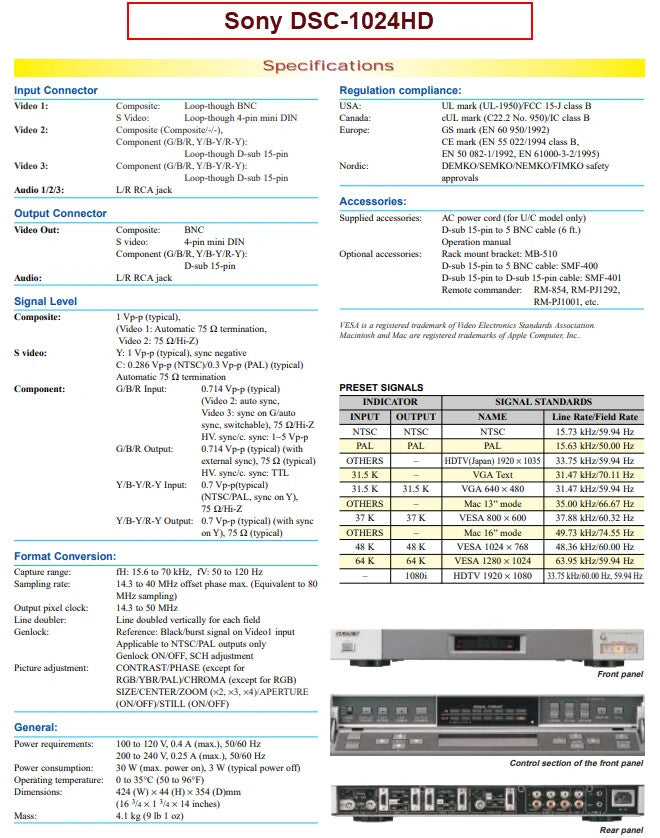 Sony DSC-1024HD Digital Scan Converter, HD 1080i Output, Upward\Downward Conv.