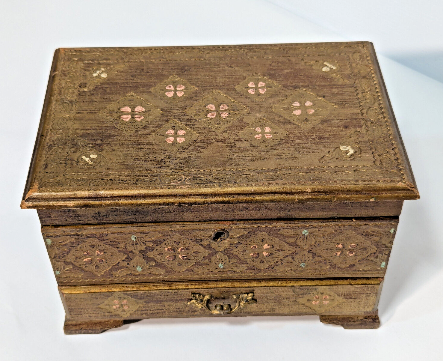 Vintage 1960s Gold Florentine Royal Sealy Wooden Drawer Chest Mirror Jewelry Box