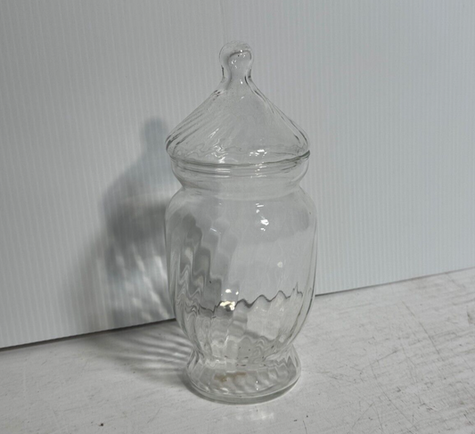 Vintage Clear Glass Jar Twisted Swirl with Lid 8 1/4" Tall