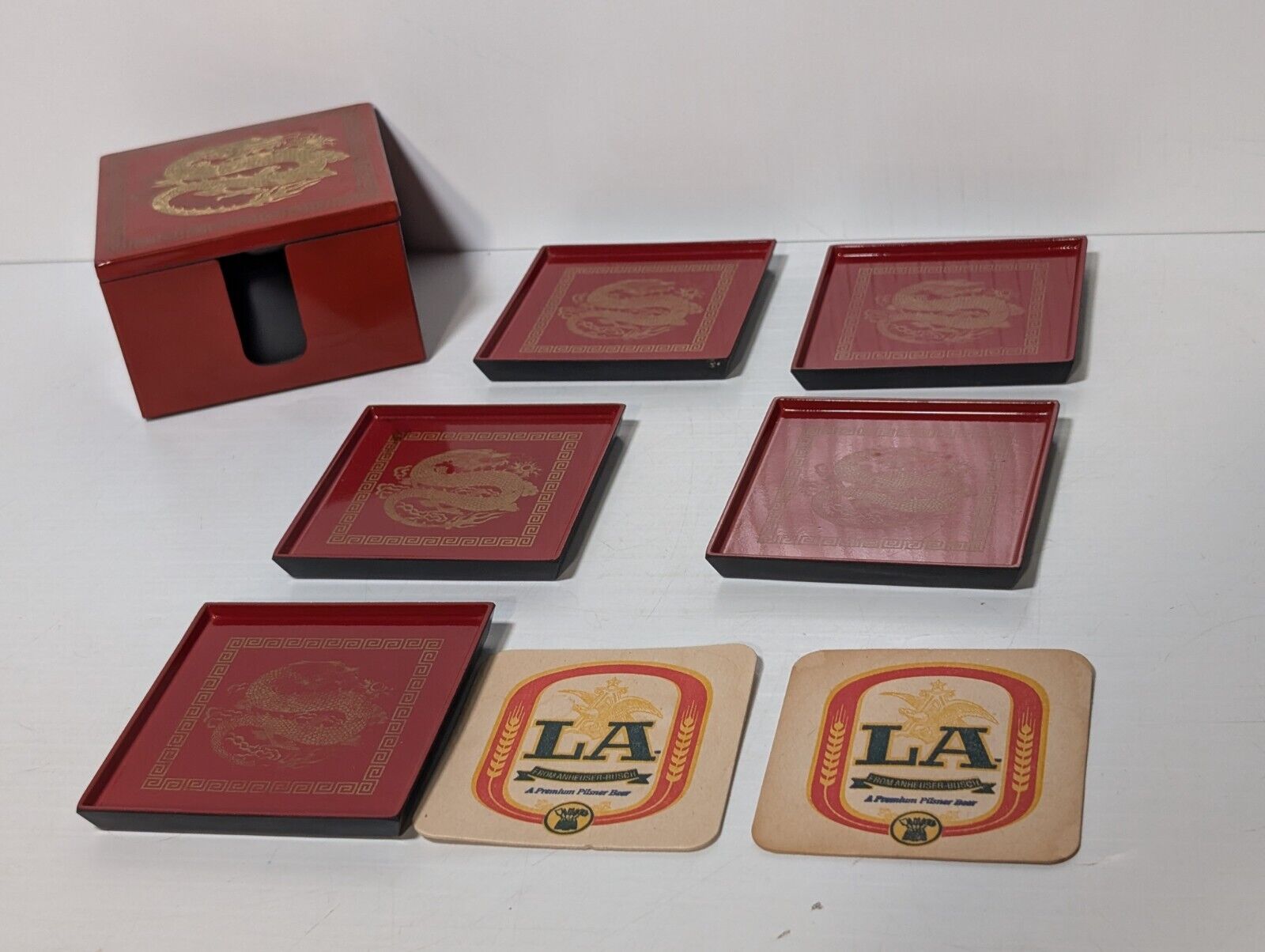 Vintage Japanese Otagiri Red and Gold Dragon Motif Lacquerware Coaster Set