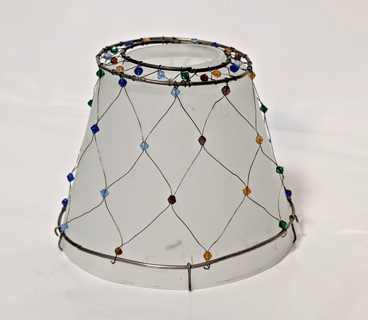 Vintage smoked glass, beaded, silver wire, lamp shade for accent lamp, 4.5"x5.5"