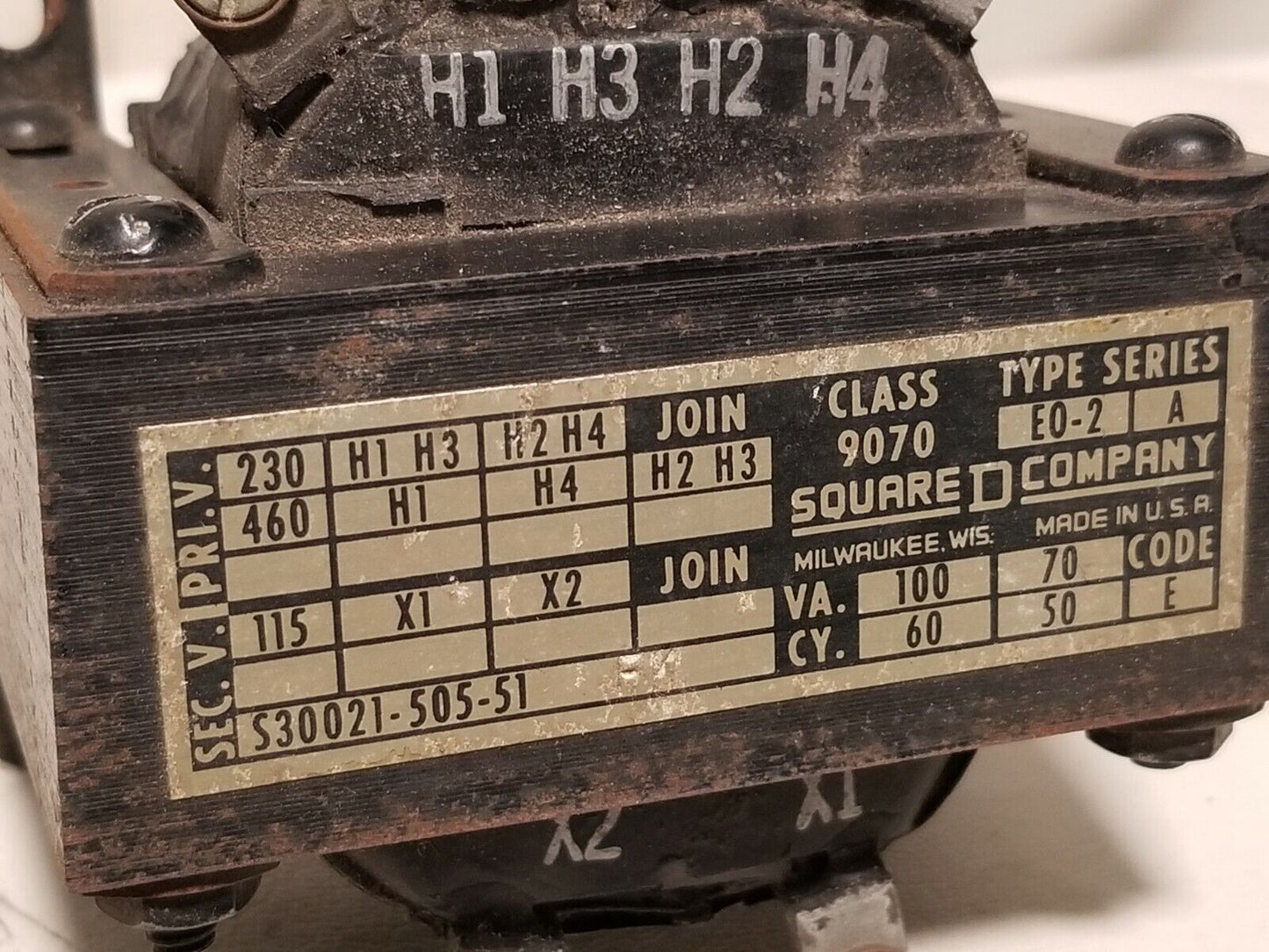 Square D 9070E0-2, ser. A, transformer, primary 230/460V, secondary 115V