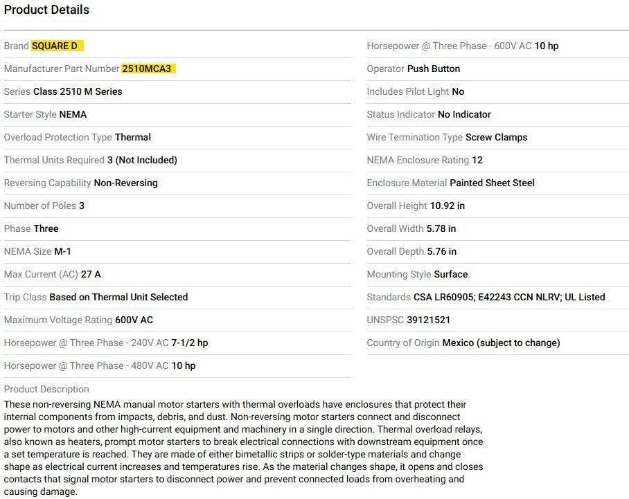 Square D 2510 MCA3 Manual Motor Starter in Enclosure, Non-Reversing, 27A, 3 Pole