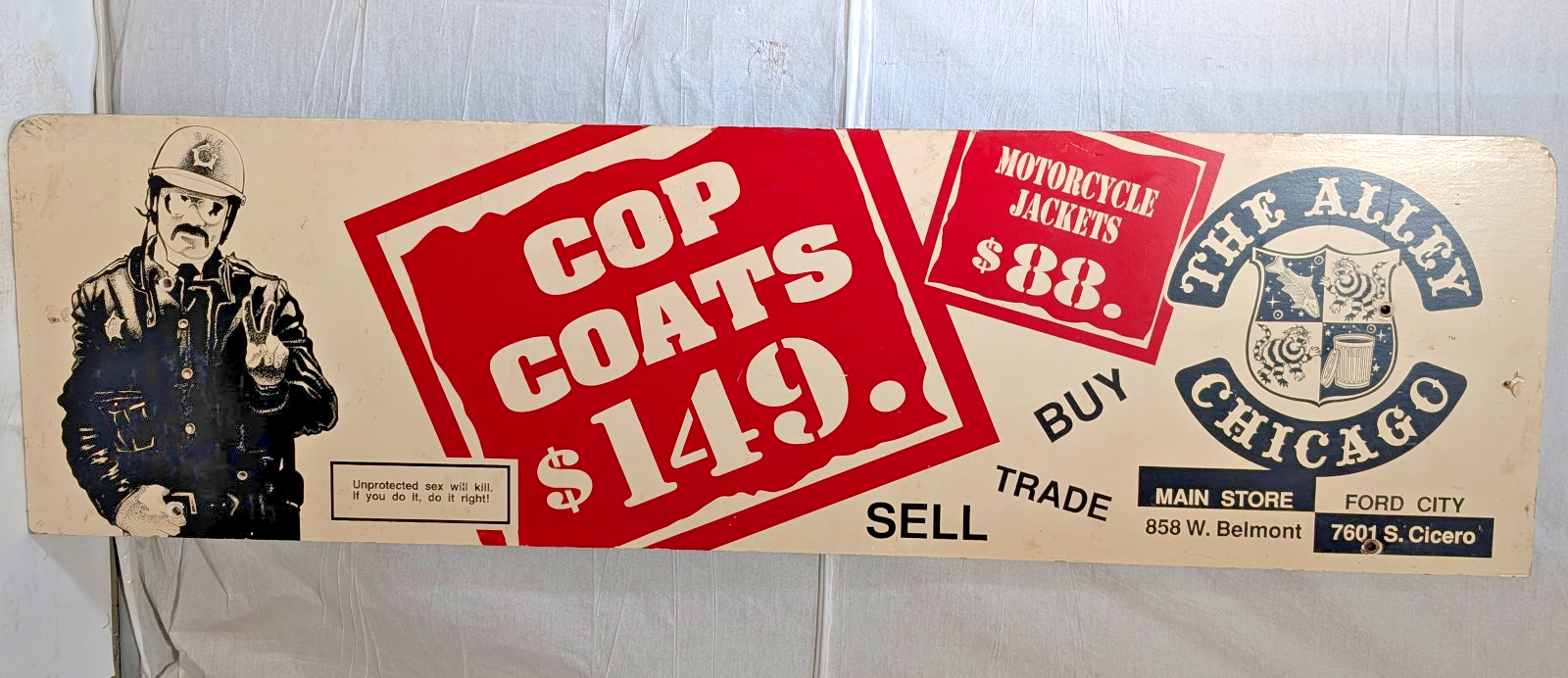 Vintage The Alley Chicago Memorabilia Bus Stop Bench Sign Cop Moto Punk Goth Ad