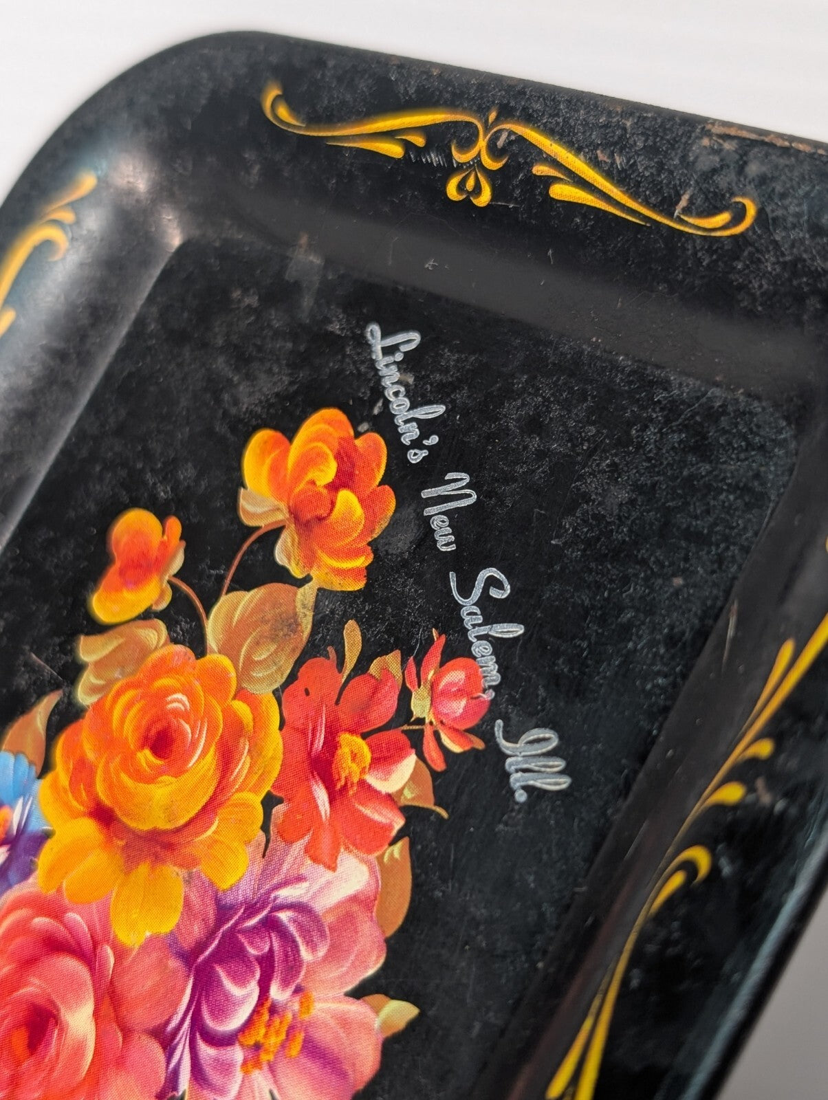 Vintage Tole Metal Floral Rose Design Tray with Display Stand