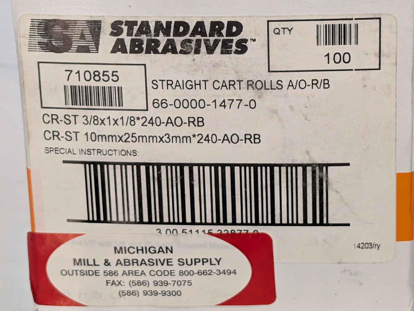 Standard Abrasives 710855 Straight Cartridge Rolls 3/8x1x1/8 240 Grit 100 Count