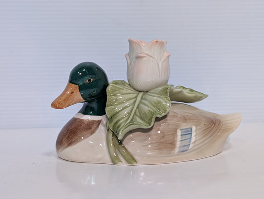 Vintage 1980s Fitz and Floyd Mallard Duck Tulip Candle Holder Ceramic Decor