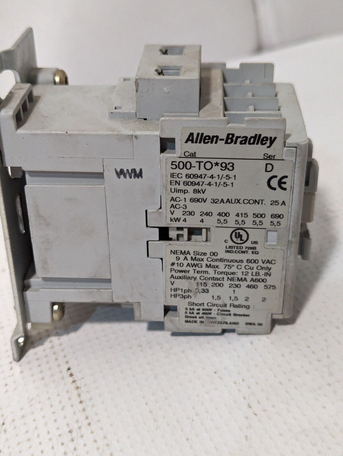 Allen-Bradley Contactor 500-TO*93 Series D, NEMA 00 - Free Shipping