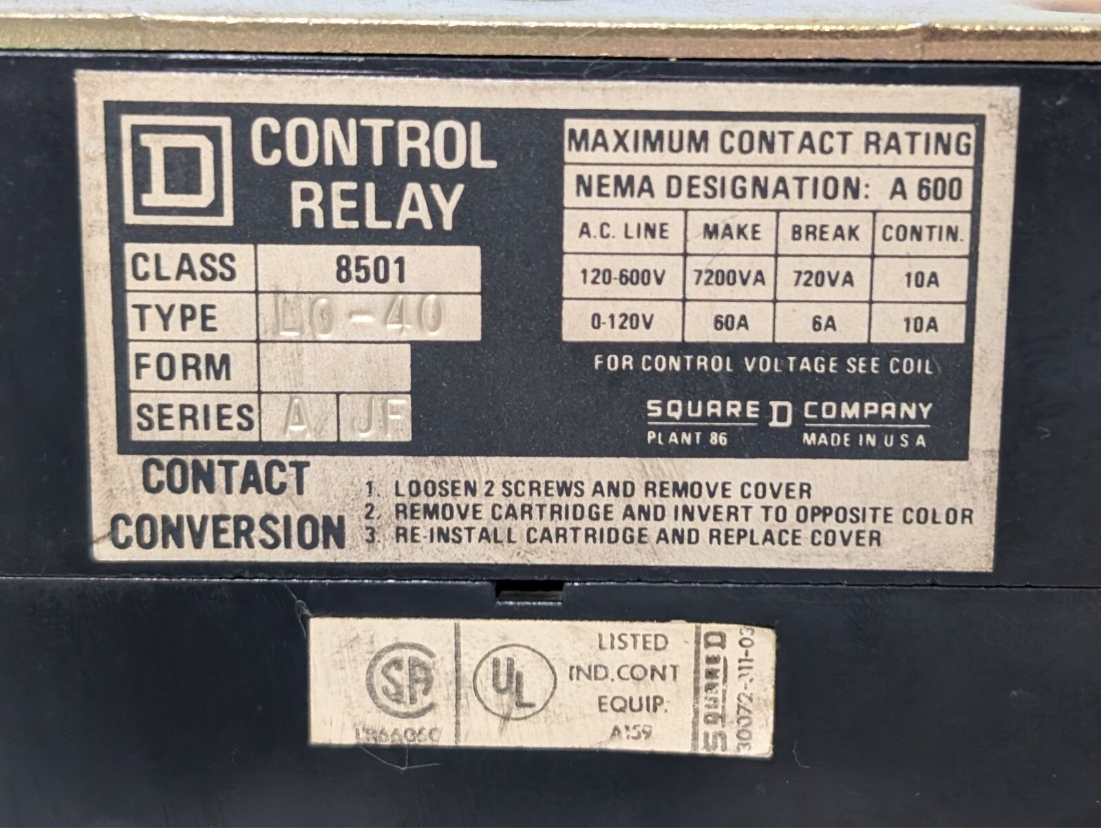 (5) Square D 8501 L0-40 Control Relay 120V Coil LO-40