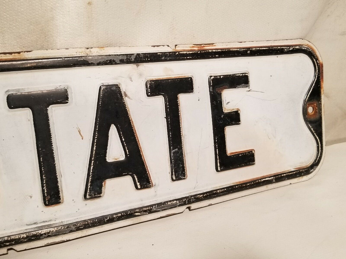 State Street Sign, North State, black and white, some rust, embossed