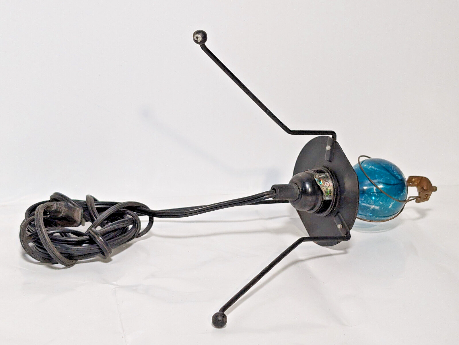 Vintage 1980s blue bulb, black metal, stilt lamp, minimalist, post-modern, pop